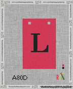 A taped needlepoint canvas with the design: Banner 13 mesh count Squared L Black on Red.