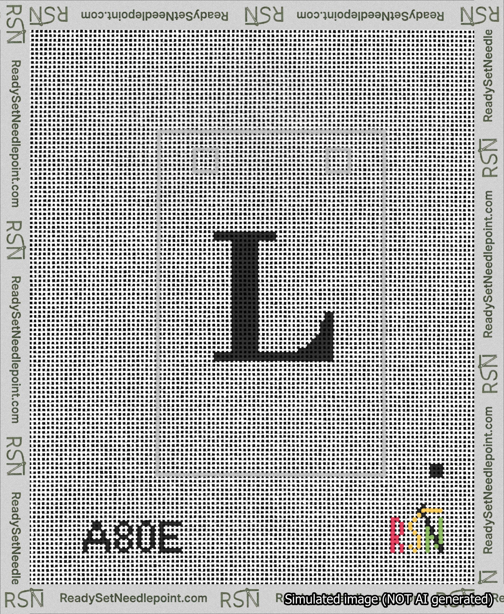 A taped needlepoint canvas with the design: Banner 13 mesh count Squared L Black on White.