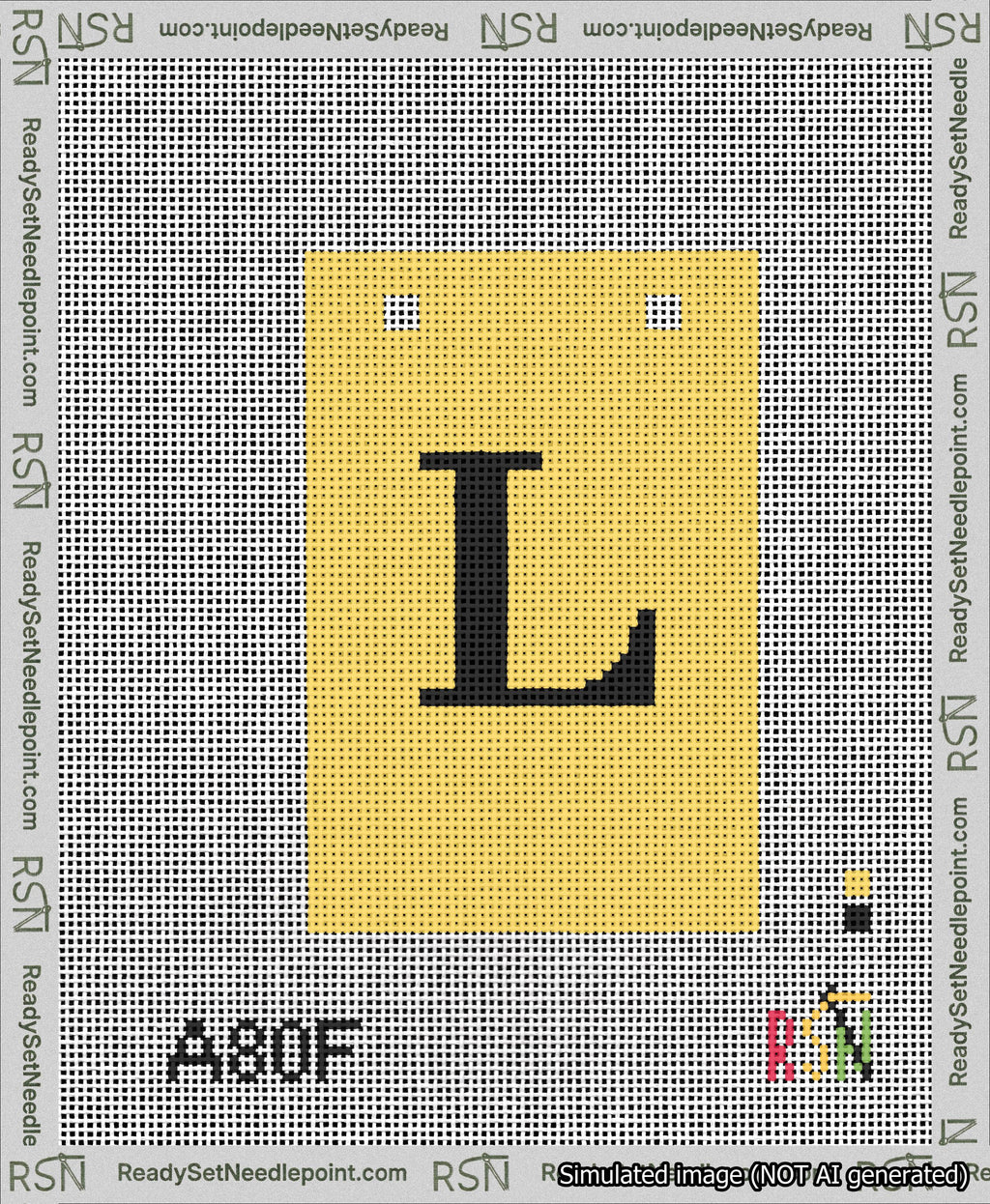 A taped needlepoint canvas with the design: Banner 13 mesh count Squared L Black on Yellow.