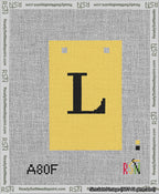 A taped needlepoint canvas with the design: Banner 13 mesh count Squared L Black on Yellow.
