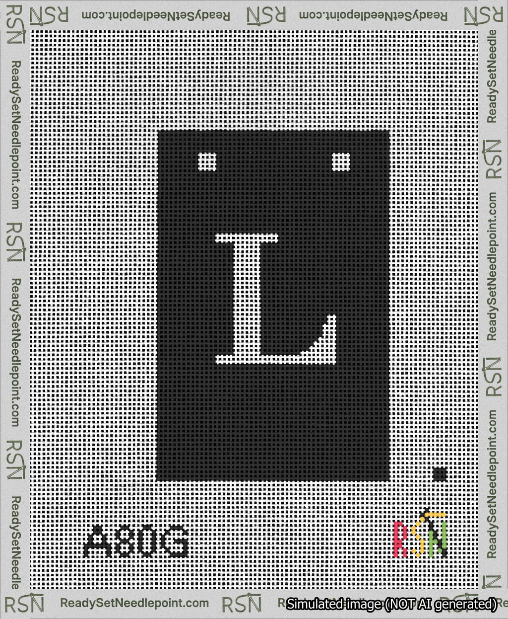 A taped needlepoint canvas with the design: Banner 13 mesh count Squared L White on Black.