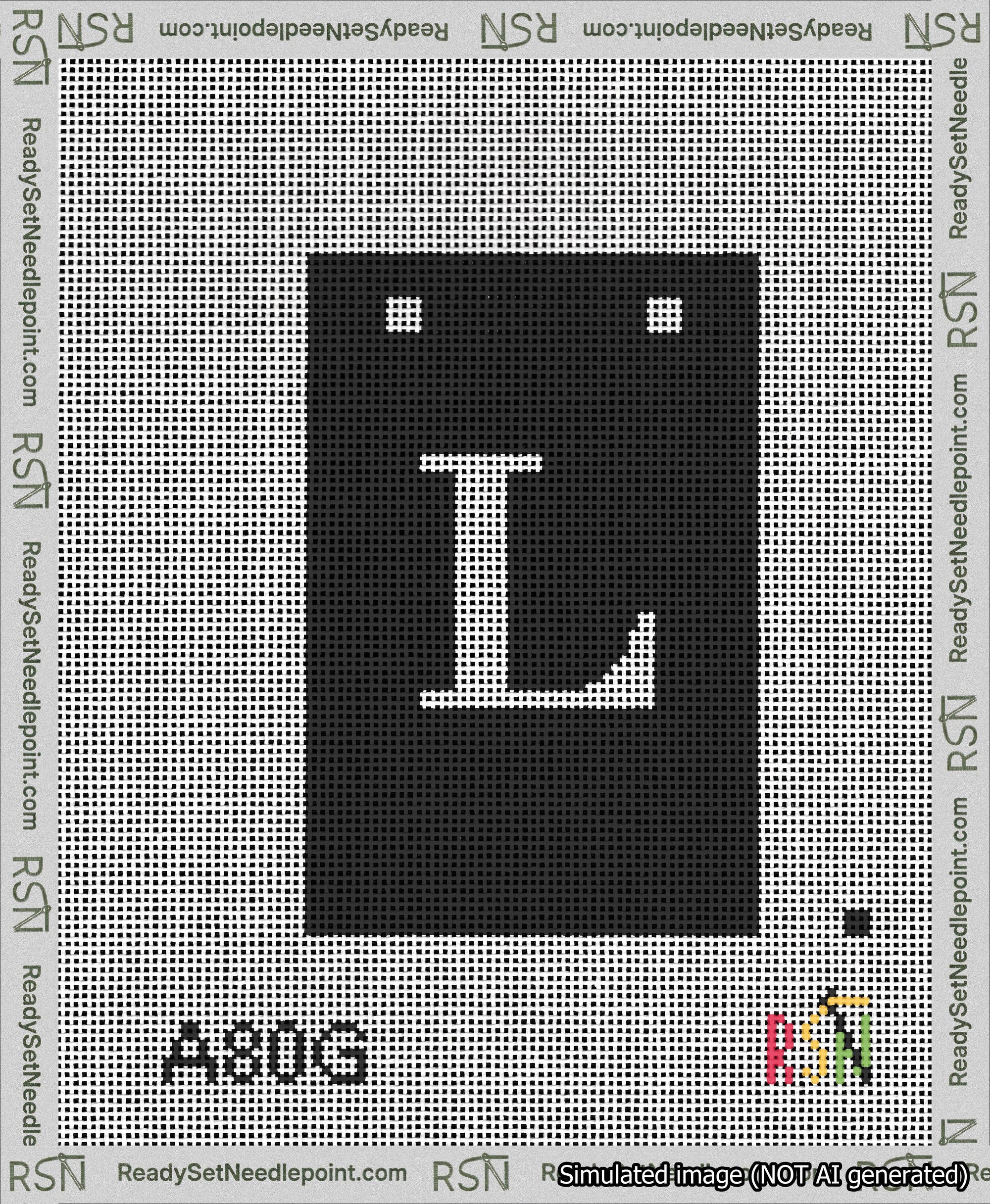 A taped needlepoint canvas with the design: Banner 13 mesh count Squared L White on Black.