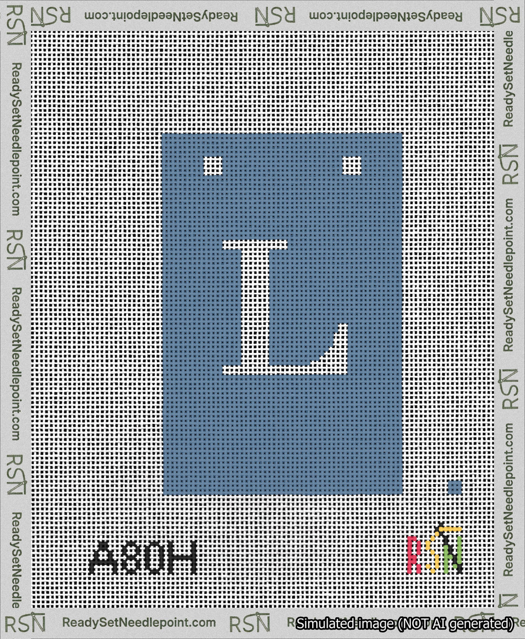 A taped needlepoint canvas with the design: Banner 13 mesh count Squared L White on Blue.