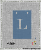 A taped needlepoint canvas with the design: Banner 13 mesh count Squared L White on Blue.