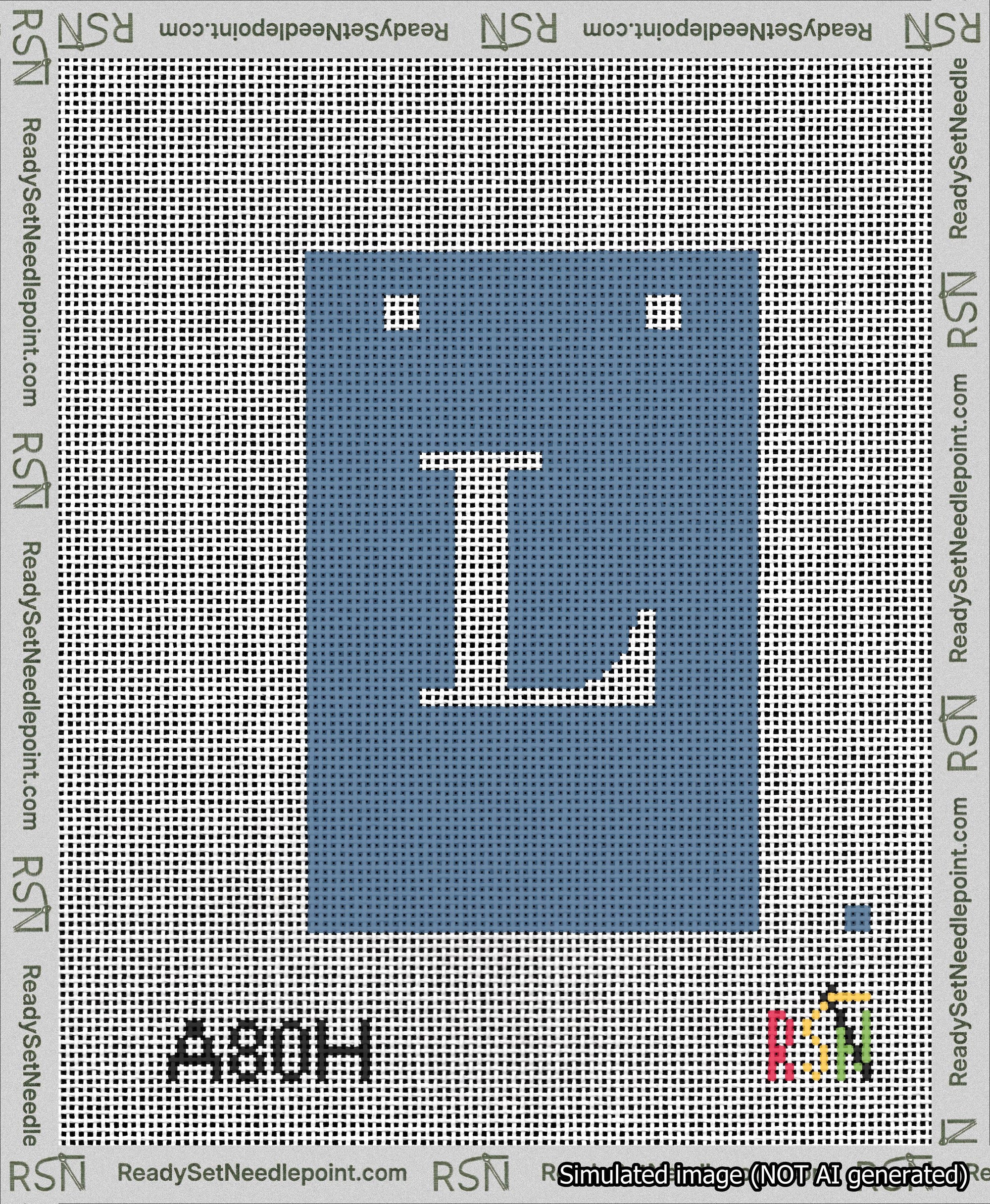 A taped needlepoint canvas with the design: Banner 13 mesh count Squared L White on Blue.