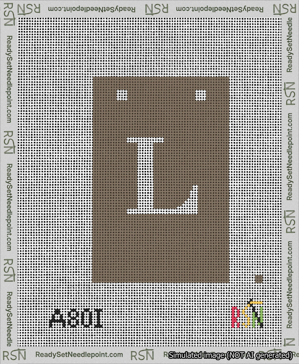A taped needlepoint canvas with the design: Banner 13 mesh count Squared L White on Brown.