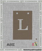 A taped needlepoint canvas with the design: Banner 13 mesh count Squared L White on Brown.