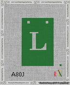 A taped needlepoint canvas with the design: Banner 13 mesh count Squared L White on Green.