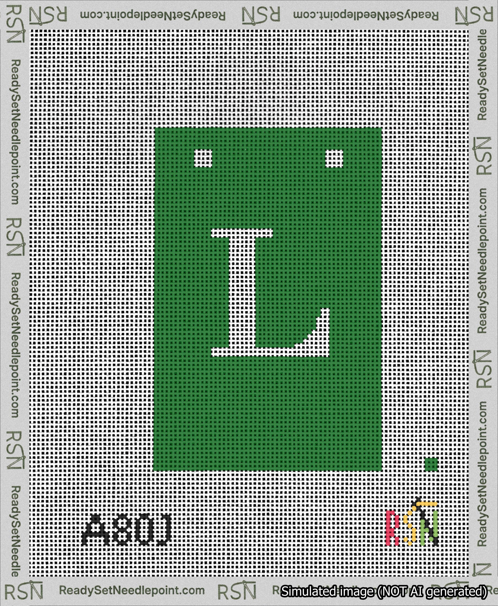 A taped needlepoint canvas with the design: Banner 13 mesh count Squared L White on Green.