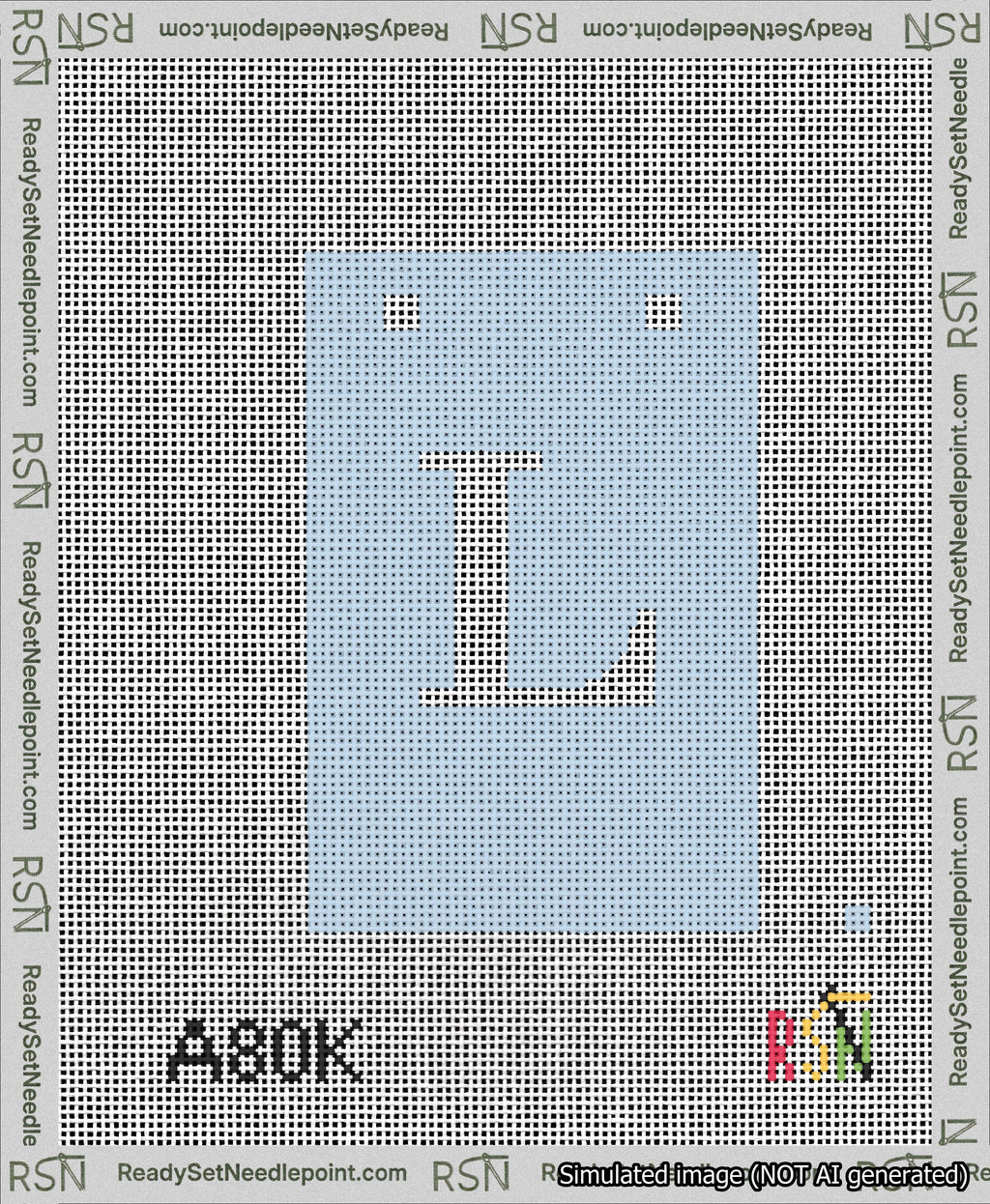 A taped needlepoint canvas with the design: Banner 13 mesh count Squared L White on Light Blue.