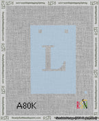 A taped needlepoint canvas with the design: Banner 13 mesh count Squared L White on Light Blue.