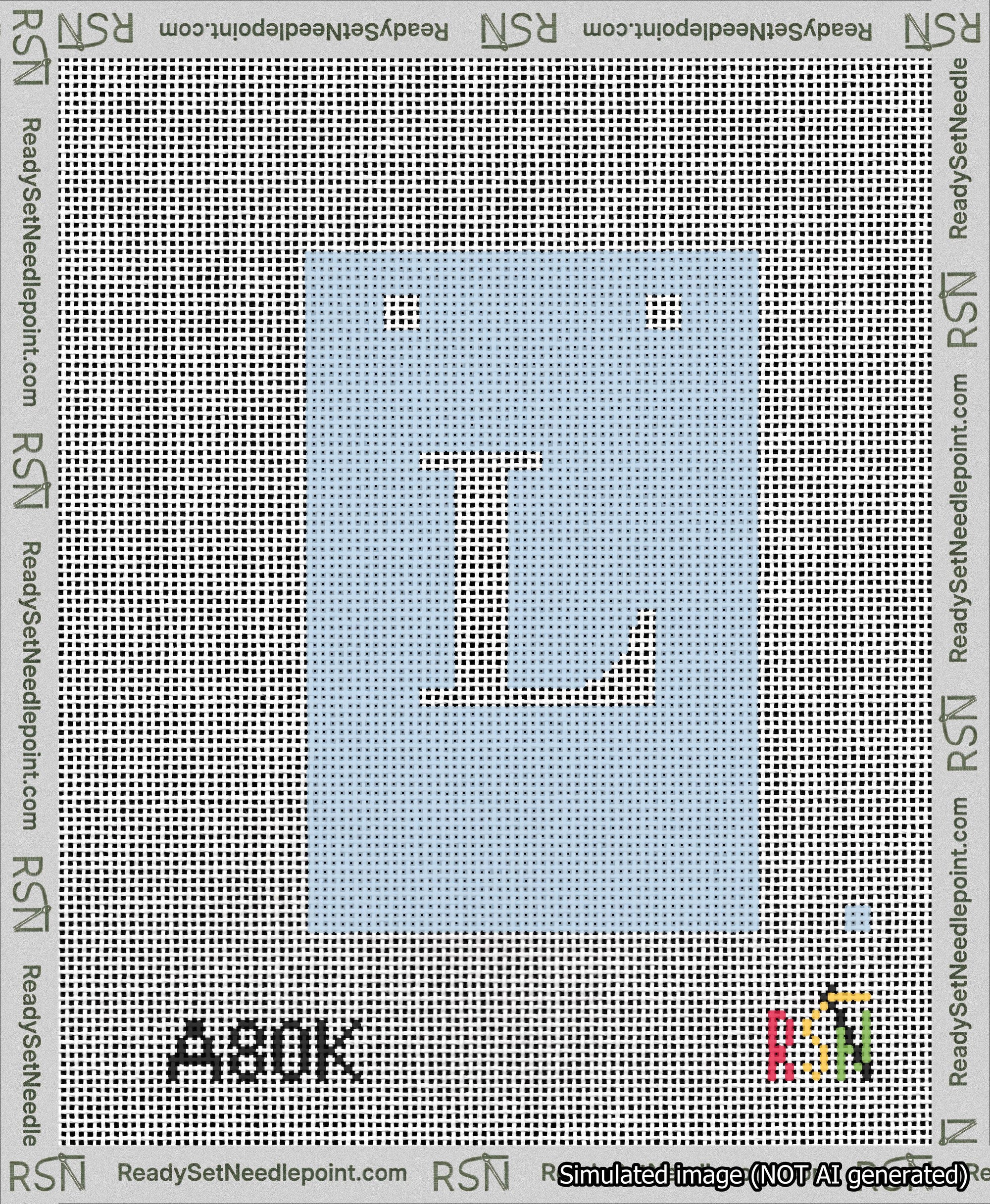 A taped needlepoint canvas with the design: Banner 13 mesh count Squared L White on Light Blue.