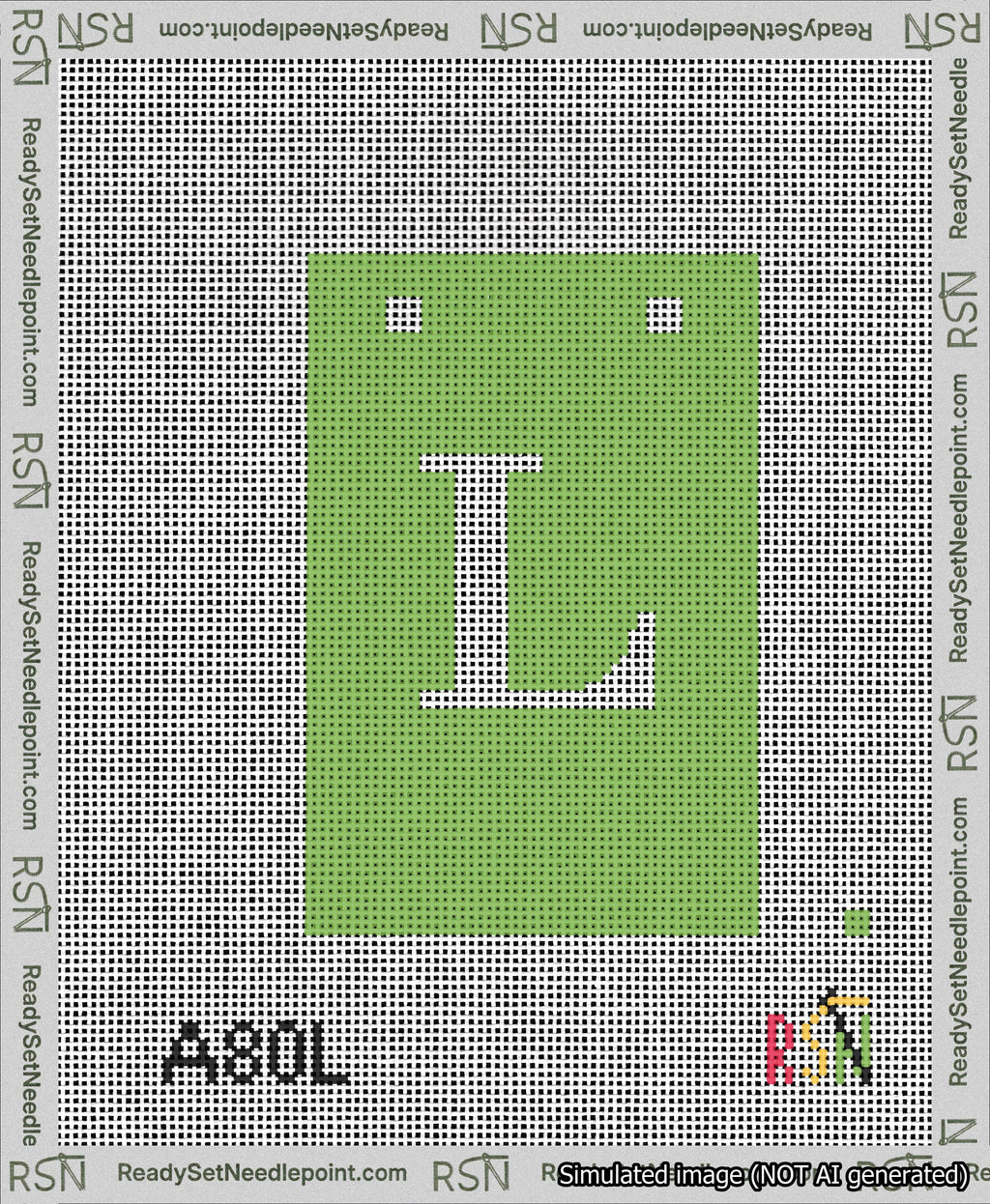 A taped needlepoint canvas with the design: Banner 13 mesh count Squared L White on Light Green.