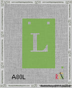 A taped needlepoint canvas with the design: Banner 13 mesh count Squared L White on Light Green.