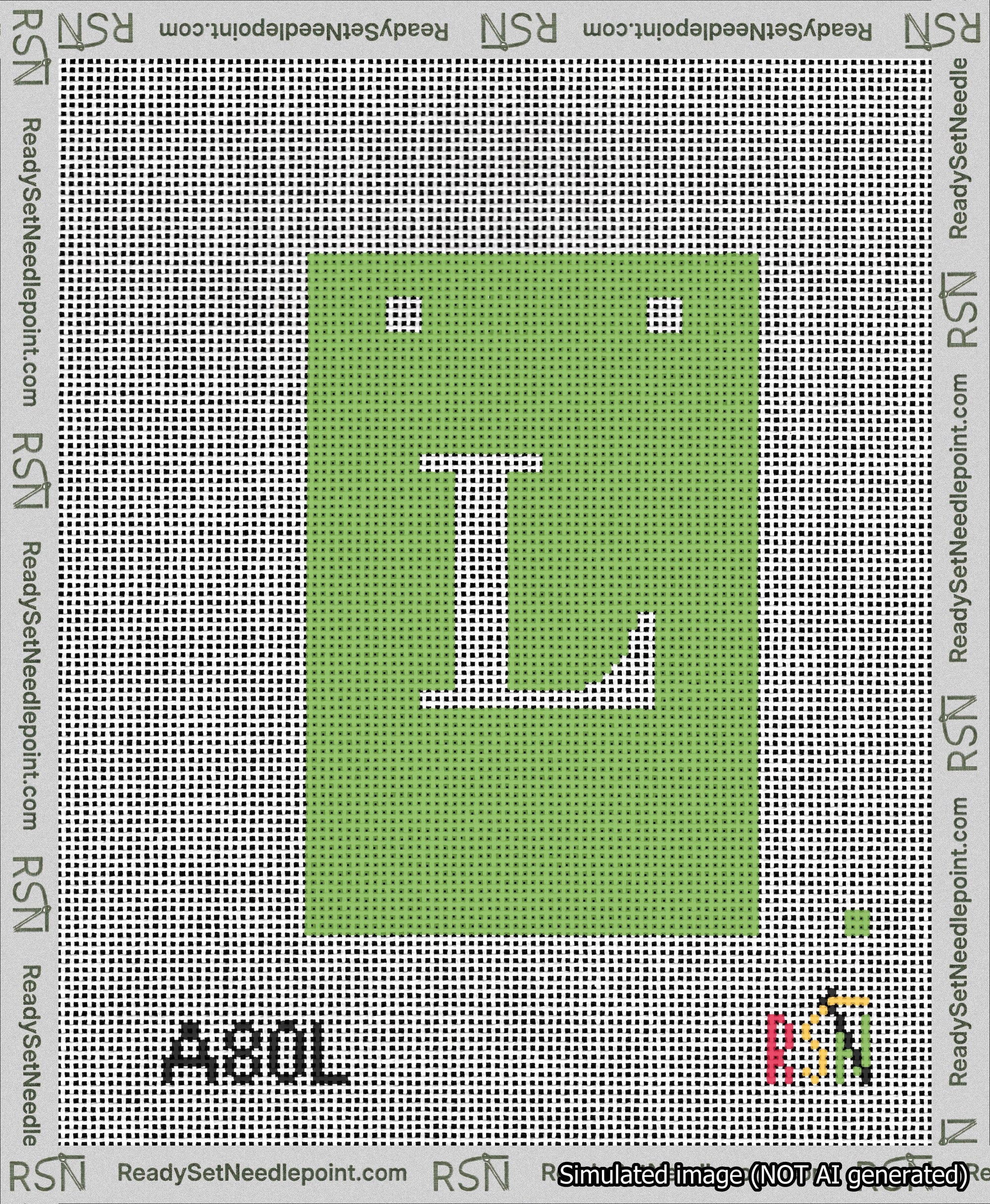 A taped needlepoint canvas with the design: Banner 13 mesh count Squared L White on Light Green.