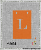 A taped needlepoint canvas with the design: Banner 13 mesh count Squared L White on Orange.