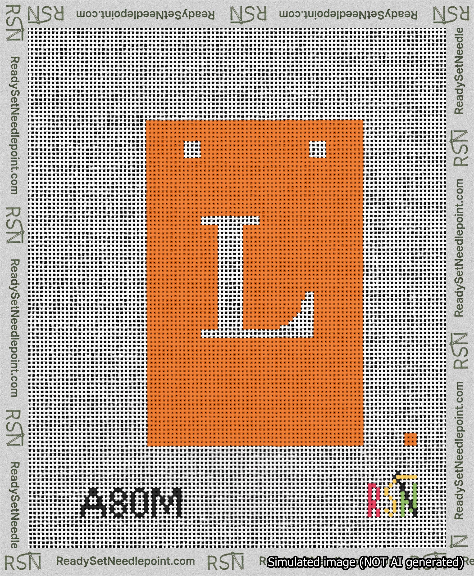 A taped needlepoint canvas with the design: Banner 13 mesh count Squared L White on Orange.