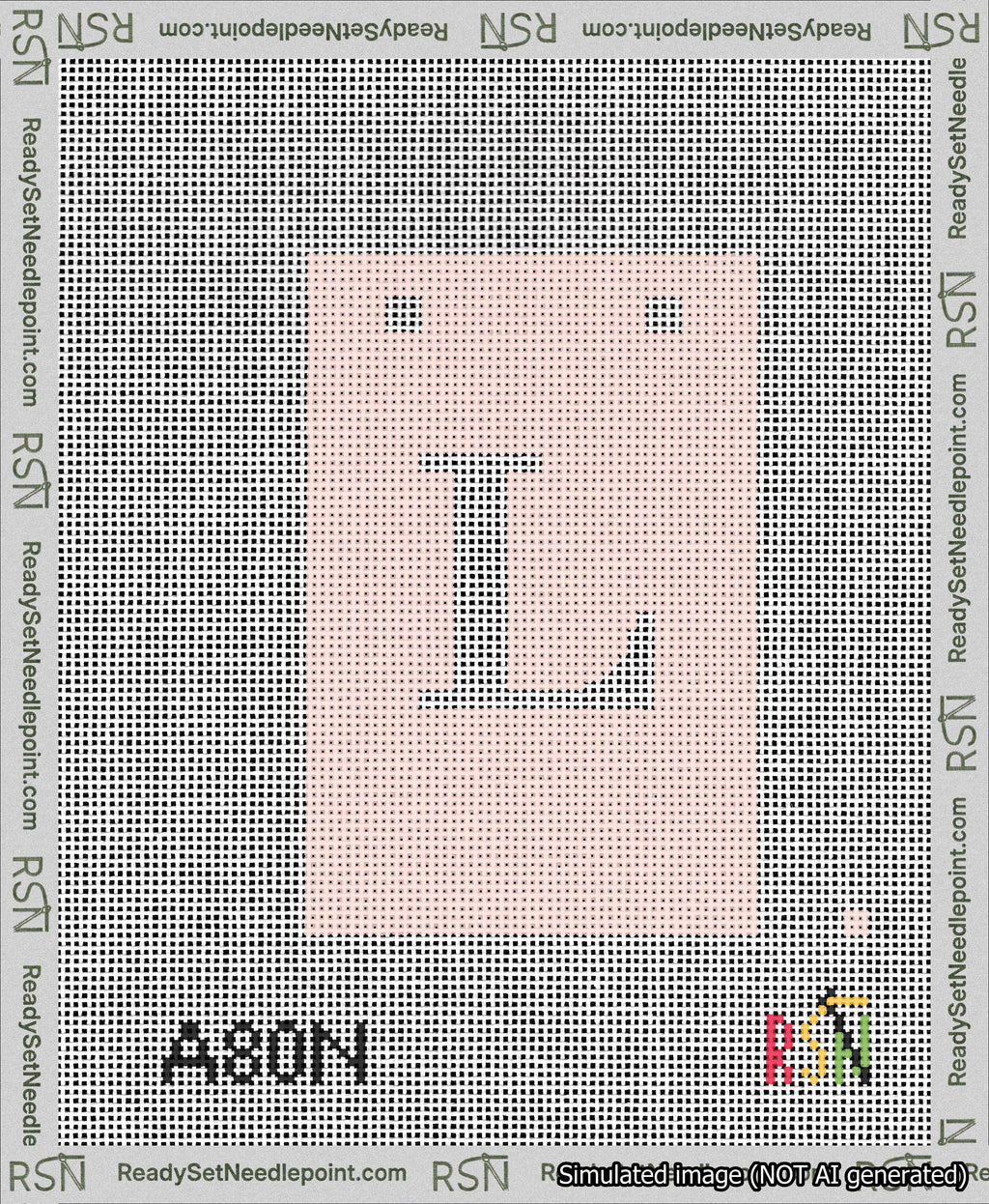 A taped needlepoint canvas with the design: Banner 13 mesh count Squared L White on Pink.