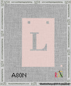 A taped needlepoint canvas with the design: Banner 13 mesh count Squared L White on Pink.