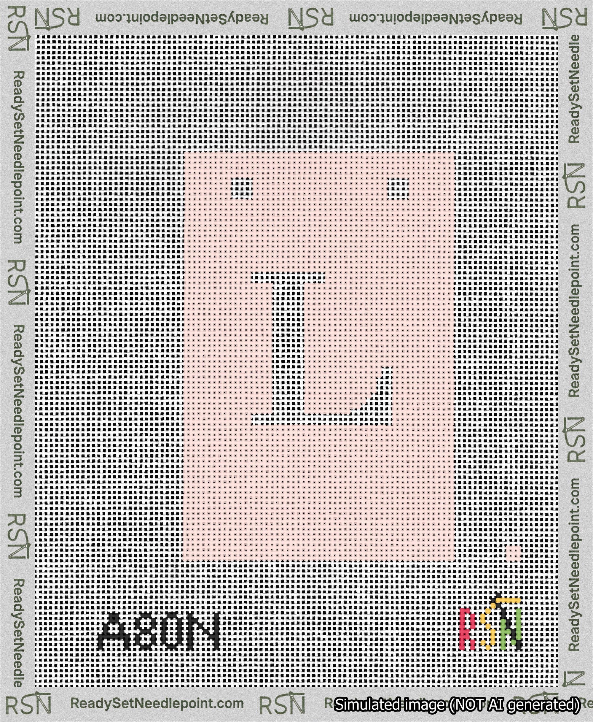 A taped needlepoint canvas with the design: Banner 13 mesh count Squared L White on Pink.