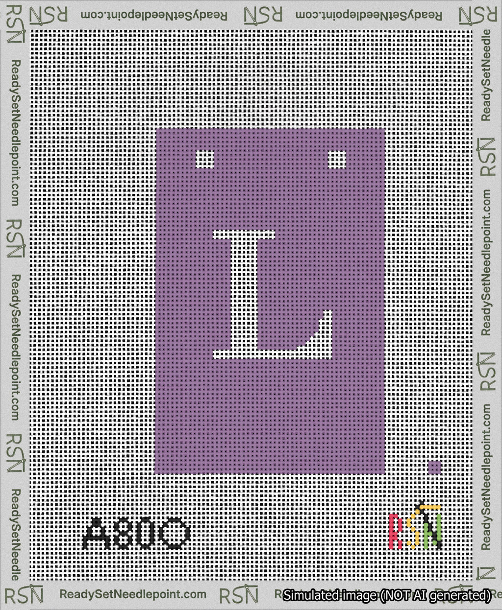 A taped needlepoint canvas with the design: Banner 13 mesh count Squared L White on Purple.