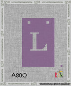 A taped needlepoint canvas with the design: Banner 13 mesh count Squared L White on Purple.