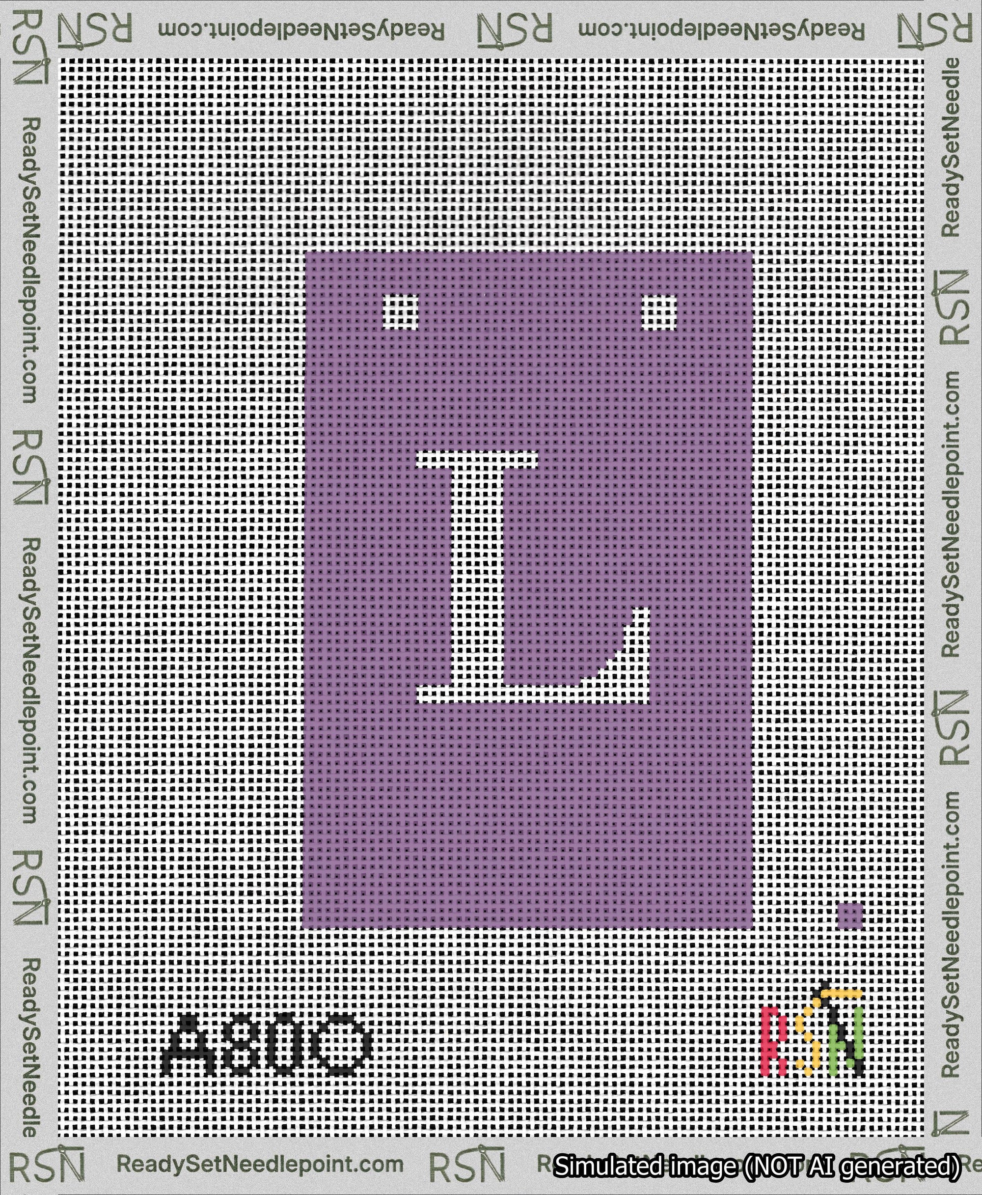 A taped needlepoint canvas with the design: Banner 13 mesh count Squared L White on Purple.