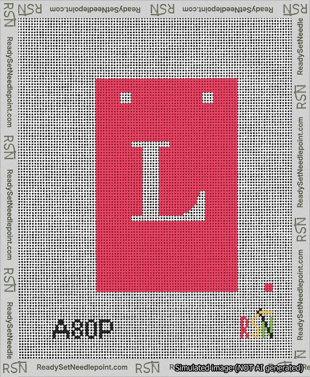 A taped needlepoint canvas with the design: Banner 13 mesh count Squared L White on Red.