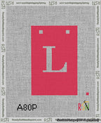 A taped needlepoint canvas with the design: Banner 13 mesh count Squared L White on Red.