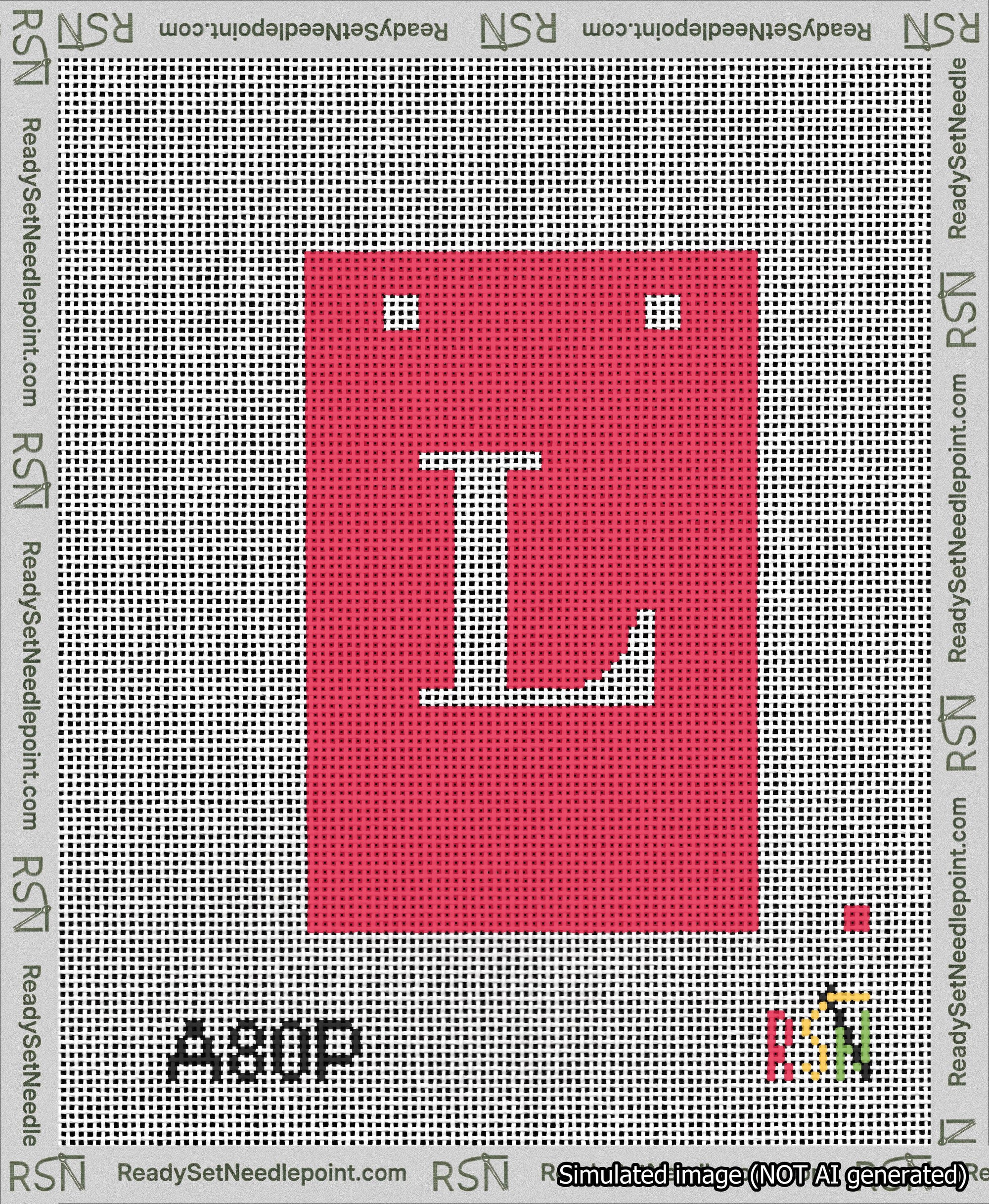 A taped needlepoint canvas with the design: Banner 13 mesh count Squared L White on Red.