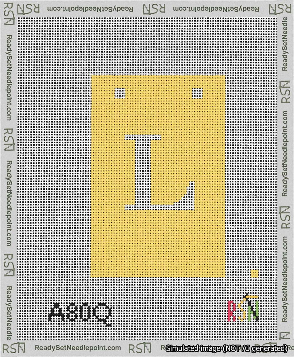 A taped needlepoint canvas with the design: Banner 13 mesh count Squared L White on Yellow.