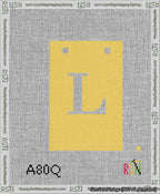 A taped needlepoint canvas with the design: Banner 13 mesh count Squared L White on Yellow.
