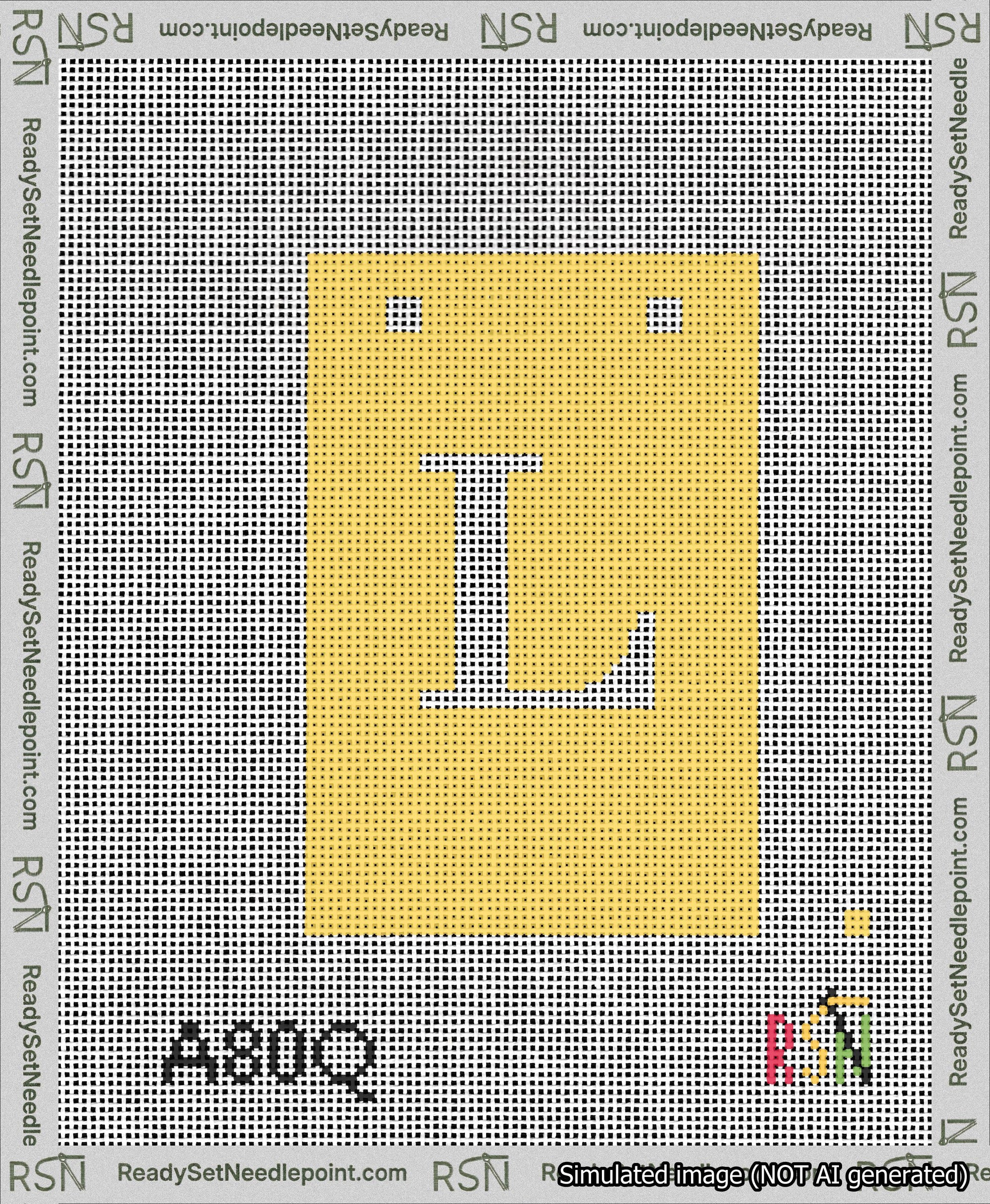 A taped needlepoint canvas with the design: Banner 13 mesh count Squared L White on Yellow.