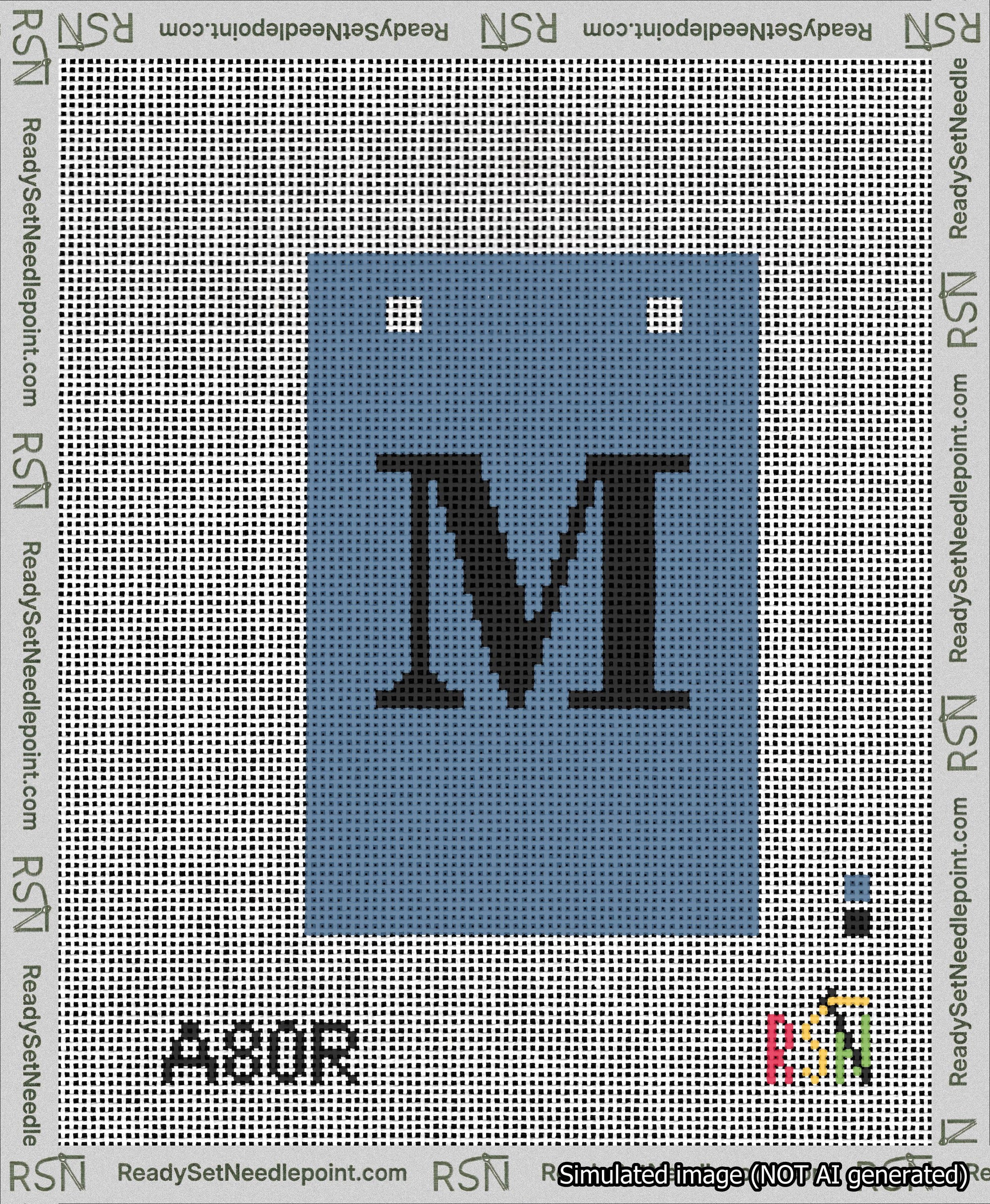 A taped needlepoint canvas with the design: Banner 13 mesh count Squared M Black on Blue.