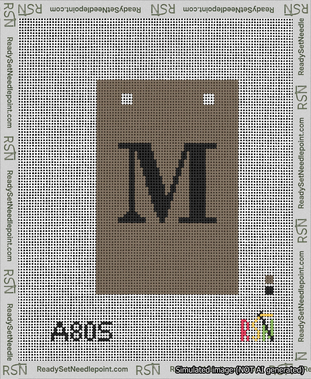 A taped needlepoint canvas with the design: Banner 13 mesh count Squared M Black on Brown.
