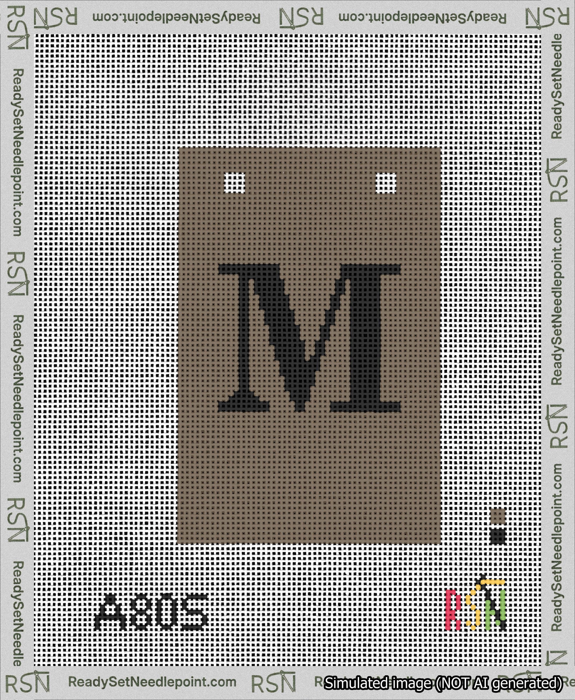 A taped needlepoint canvas with the design: Banner 13 mesh count Squared M Black on Brown.