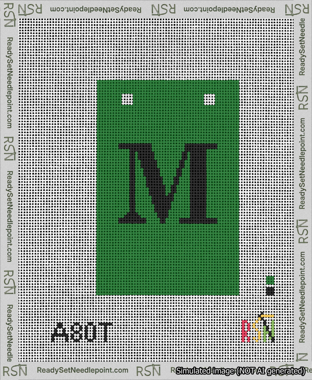 A taped needlepoint canvas with the design: Banner 13 mesh count Squared M Black on Green.