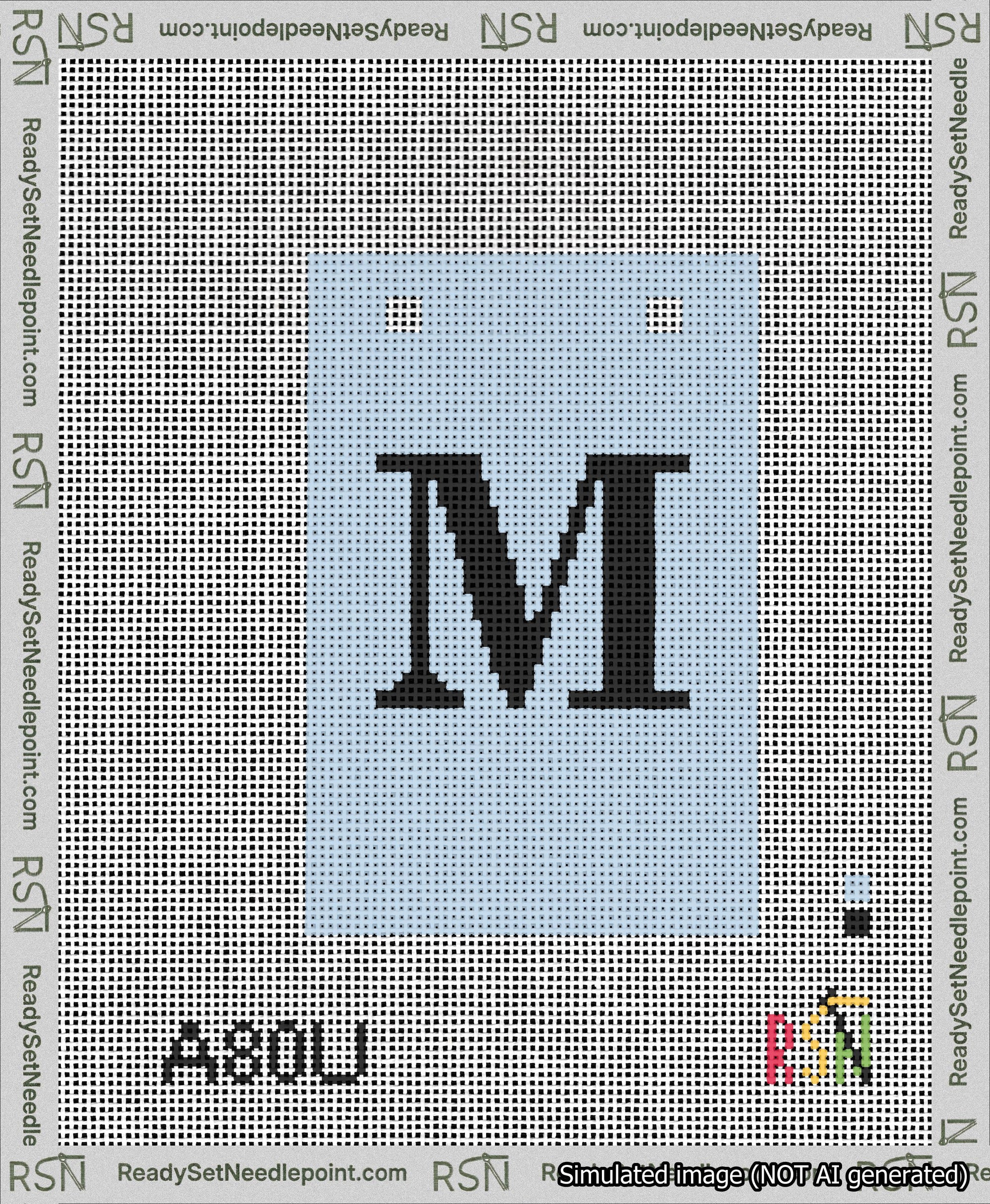 A taped needlepoint canvas with the design: Banner 13 mesh count Squared M Black on Light Blue.