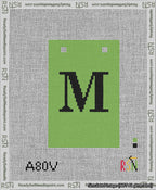 A taped needlepoint canvas with the design: Banner 13 mesh count Squared M Black on Light Green.