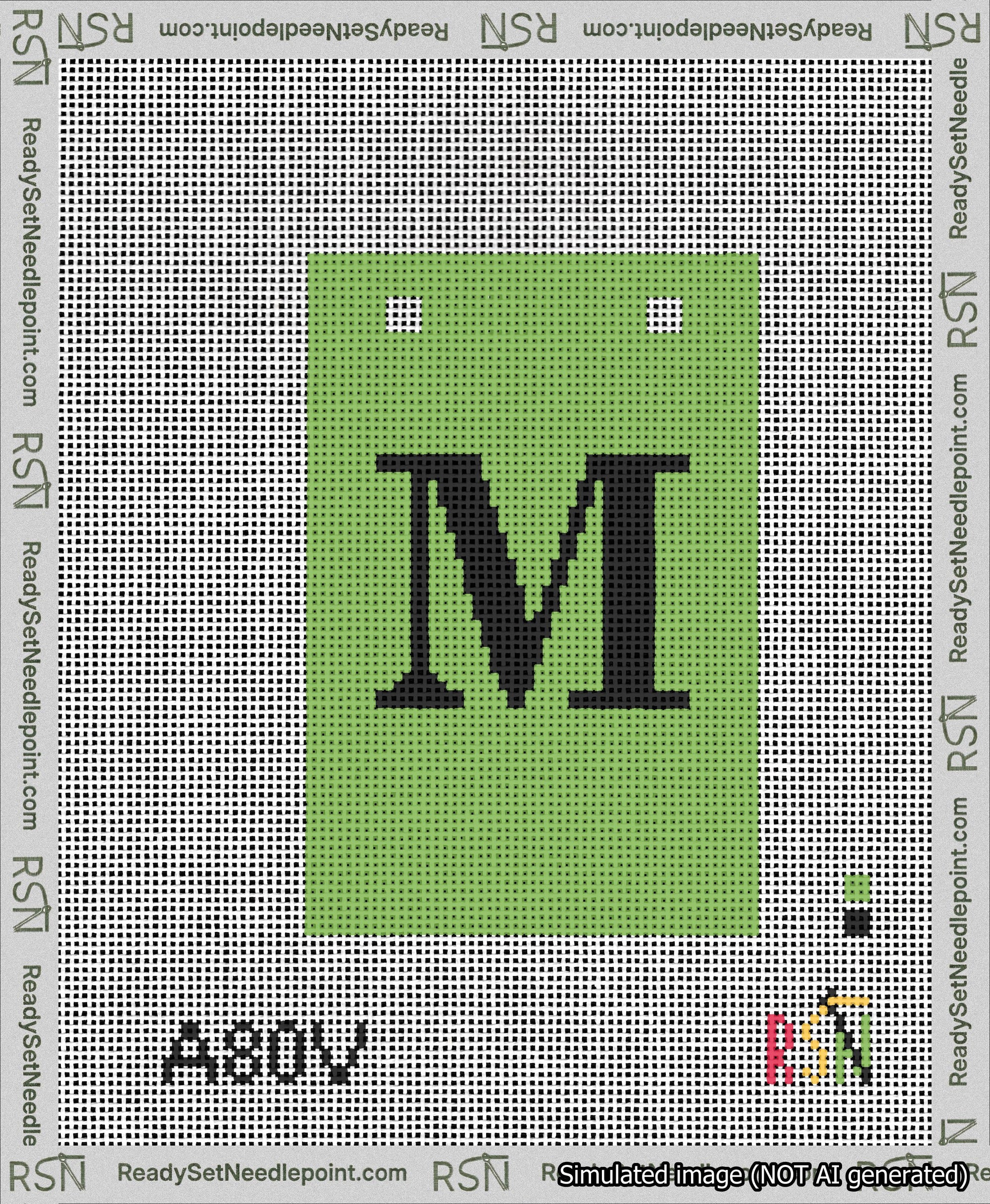 A taped needlepoint canvas with the design: Banner 13 mesh count Squared M Black on Light Green.