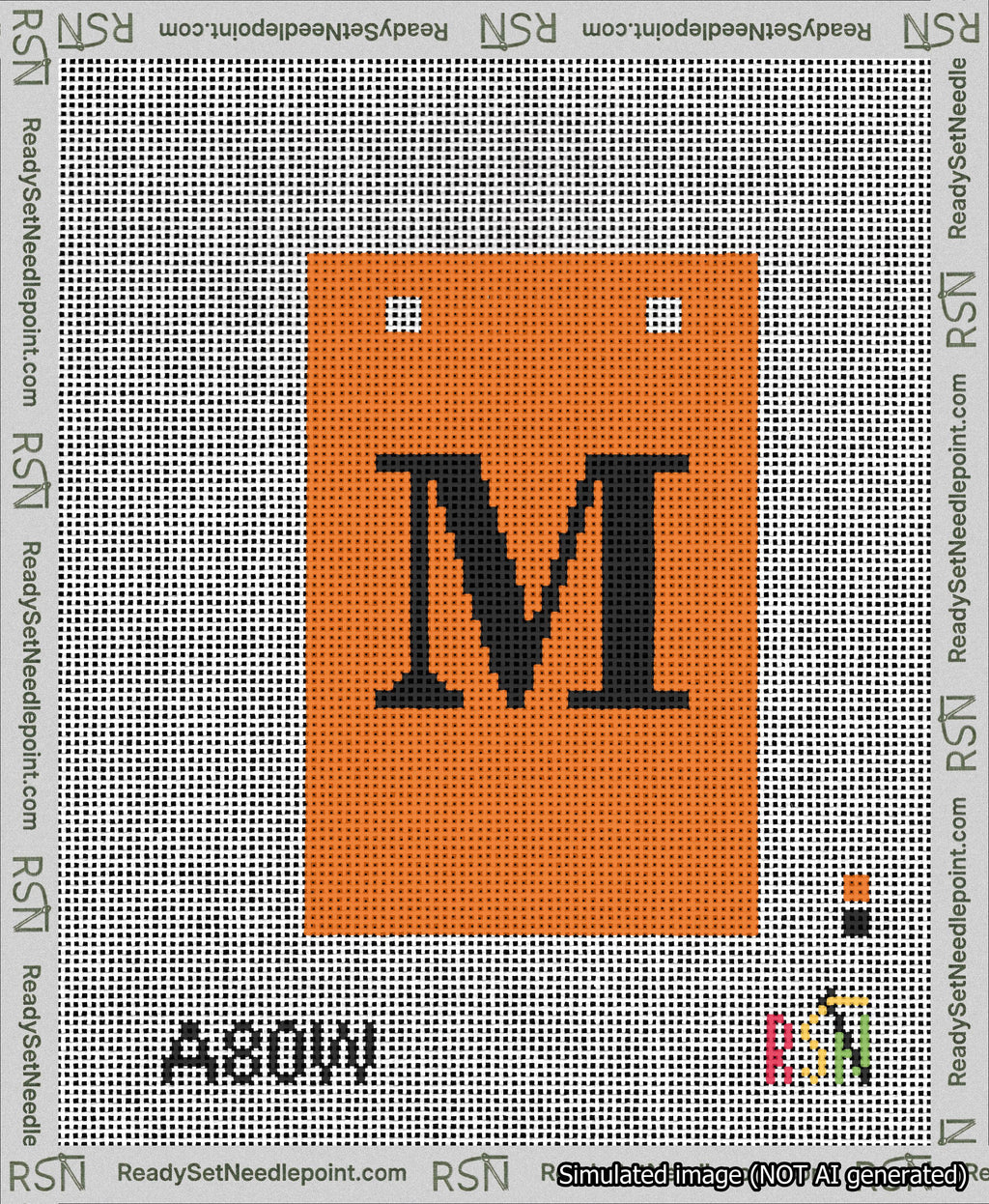 A taped needlepoint canvas with the design: Banner 13 mesh count Squared M Black on Orange.