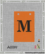 A taped needlepoint canvas with the design: Banner 13 mesh count Squared M Black on Orange.