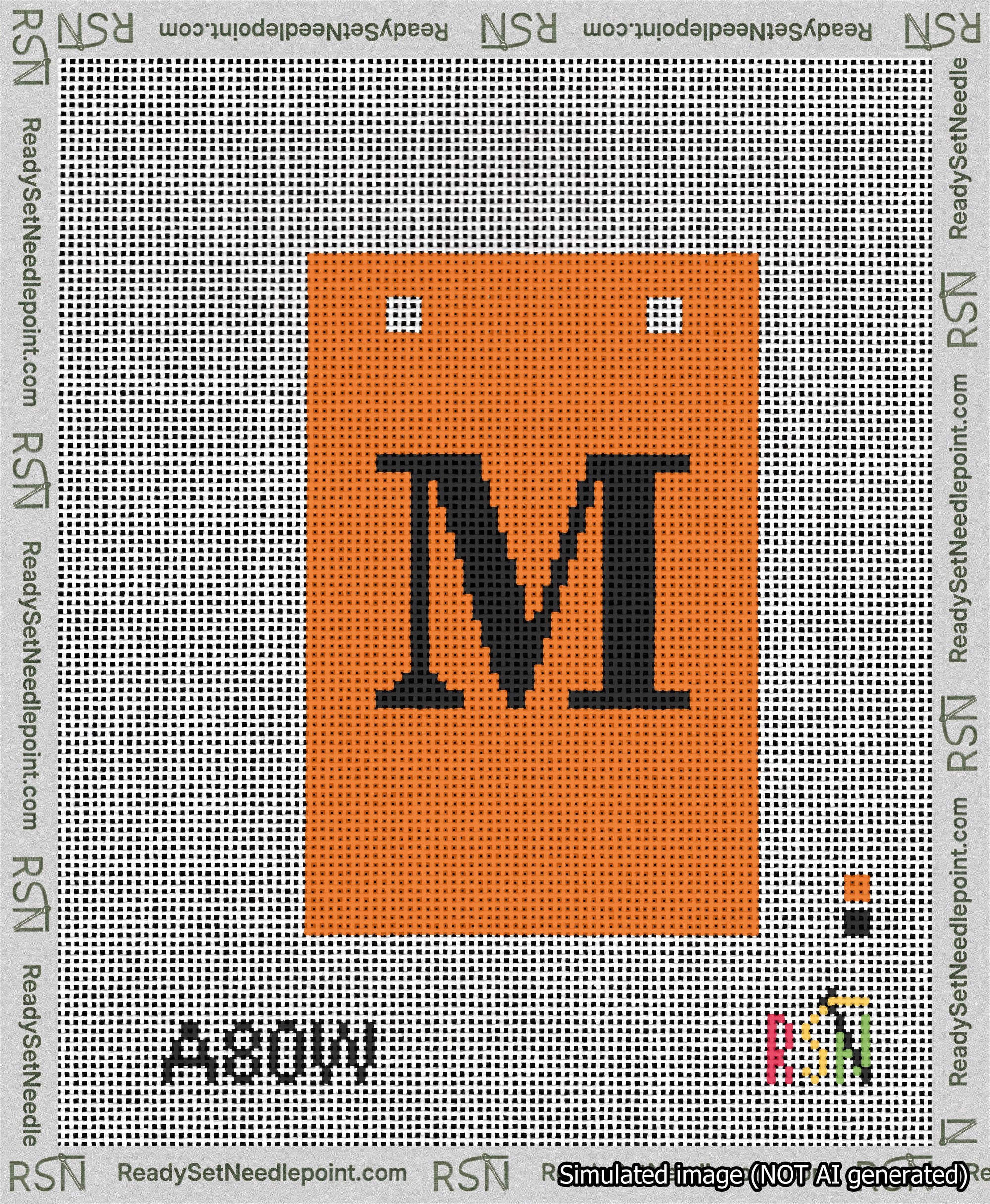 A taped needlepoint canvas with the design: Banner 13 mesh count Squared M Black on Orange.
