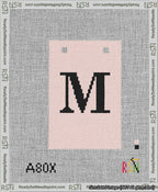 A taped needlepoint canvas with the design: Banner 13 mesh count Squared M Black on Pink.