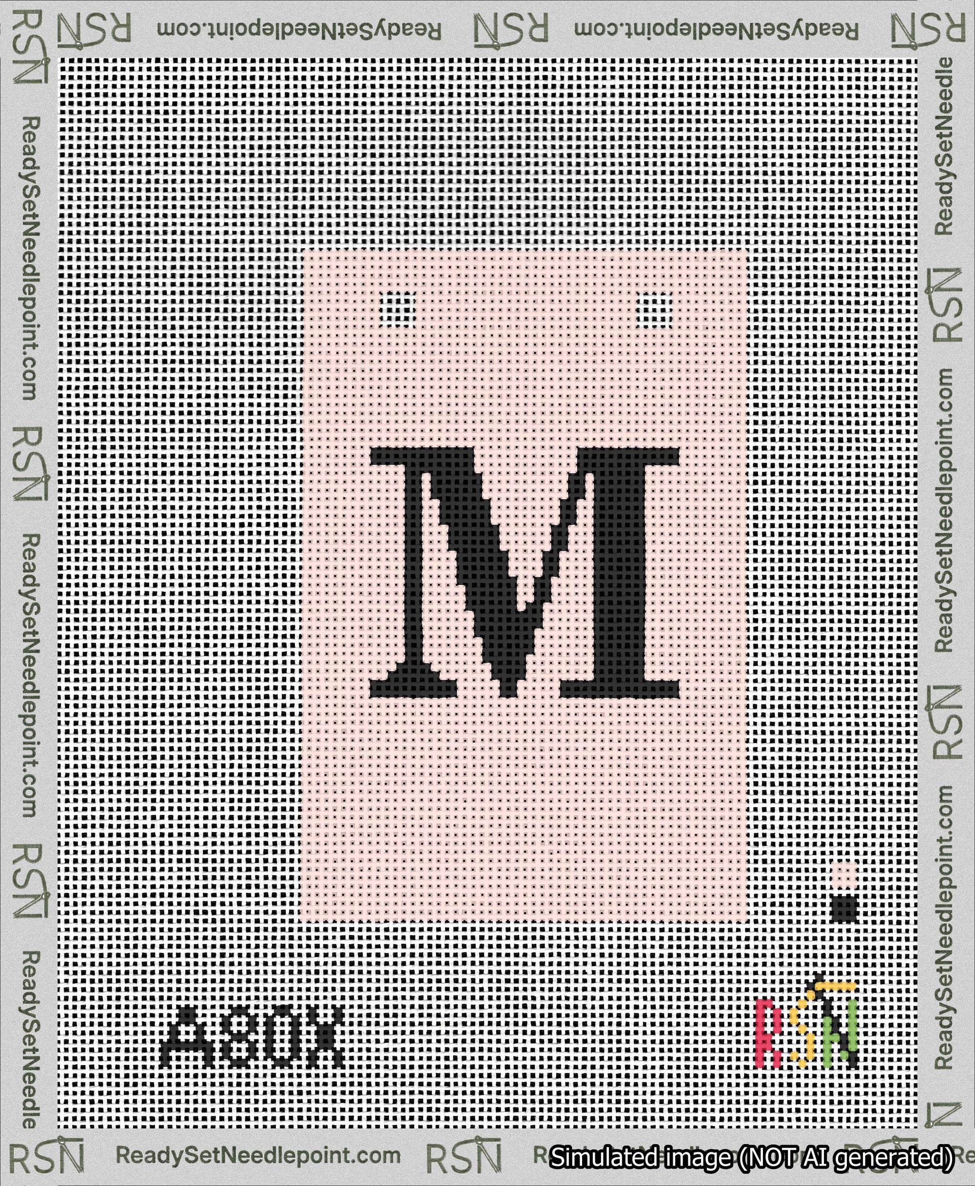 A taped needlepoint canvas with the design: Banner 13 mesh count Squared M Black on Pink.