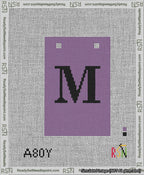 A taped needlepoint canvas with the design: Banner 13 mesh count Squared M Black on Purple.