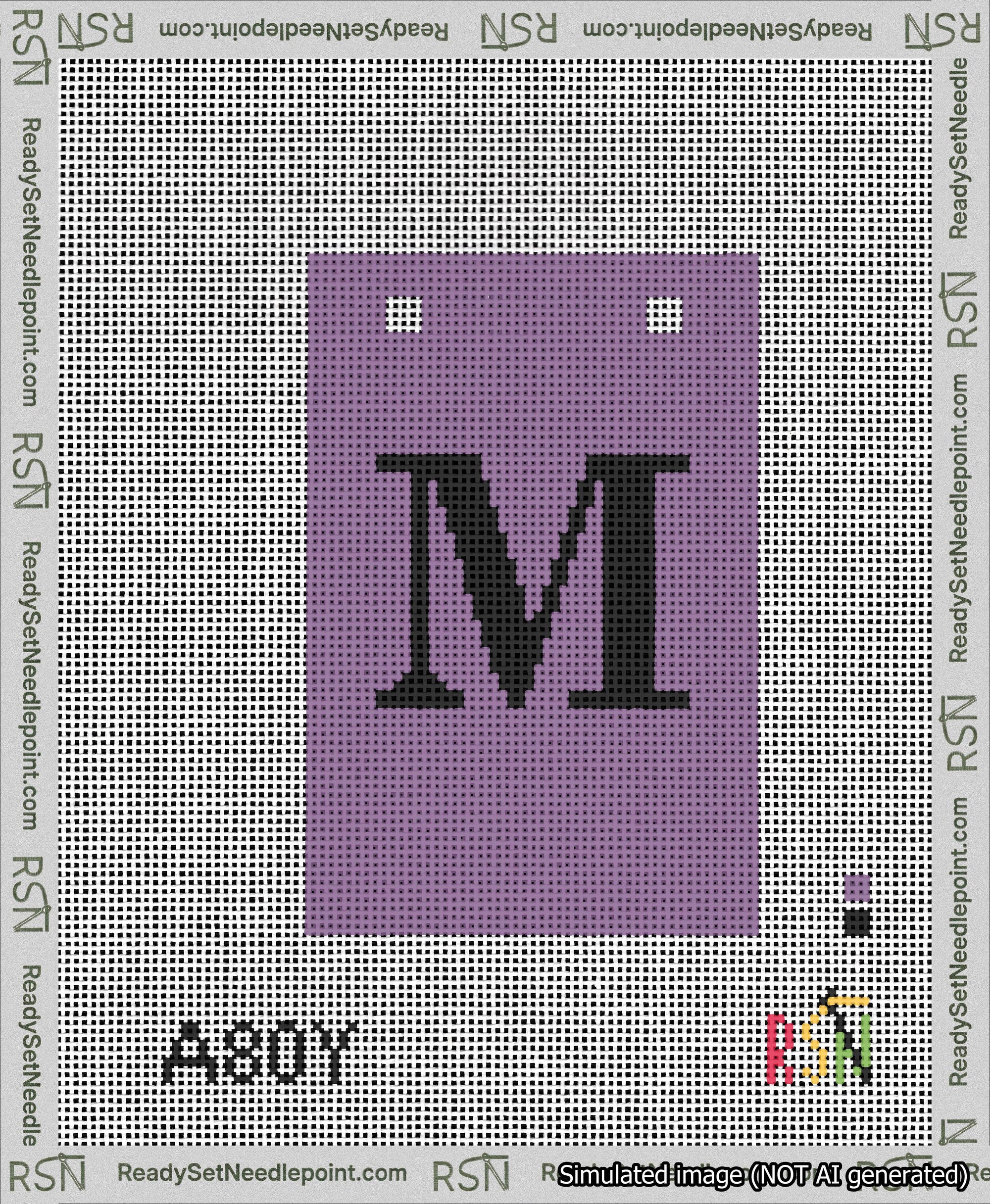 A taped needlepoint canvas with the design: Banner 13 mesh count Squared M Black on Purple.