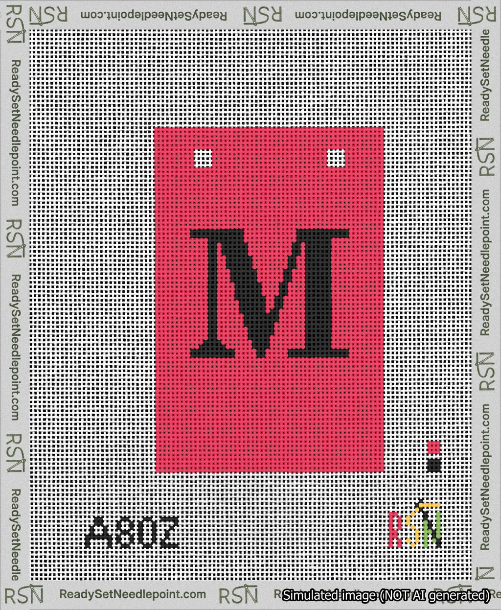 A taped needlepoint canvas with the design: Banner 13 mesh count Squared M Black on Red.
