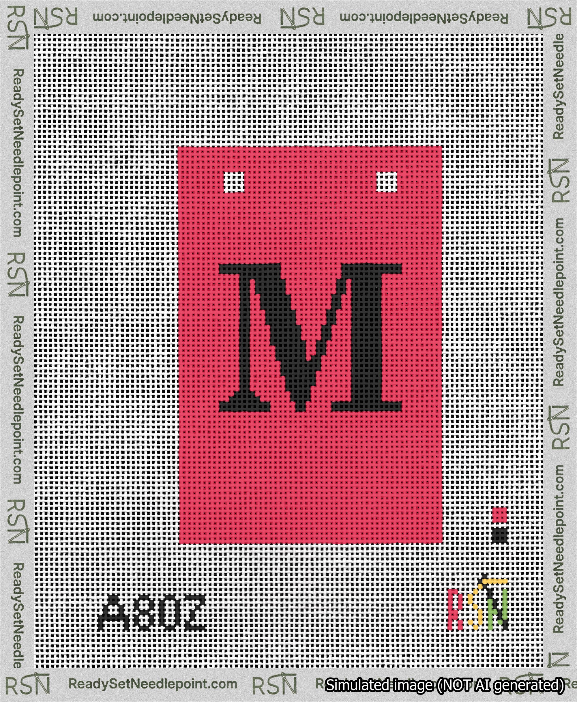 A taped needlepoint canvas with the design: Banner 13 mesh count Squared M Black on Red.