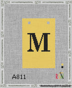A taped needlepoint canvas with the design: Banner 13 mesh count Squared M Black on Yellow.